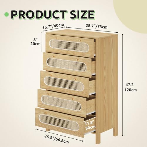 GOOBED Natural Rattan 5 Drawer Dressers Wooden Chest of Drawers with Golden Handles - Modern Large Boho Dressers Storage Cabinet for Living Room Hallway/Entryway Oak Nature