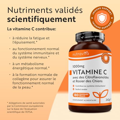 Vitamine C 1000mg - Cure de 6 Mois, 180 Comprimés Vegan - Contribue à réduire la Fatigue, au Fonctionnement Normal du Système Immunitaire et à la Formation de Collagene - Vitamin C - Nutravita – Image 3