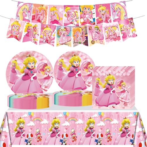 42 Pcs Princess Peach Party Supplies 20 Peach Plates +20 Napkins +1 Peach Tablecloth and 1 Happy Birthday Flag for Childrens Happy Birthday Party Decoration Supplies