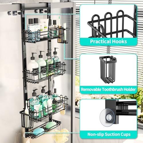 HapiRm-Over-the-Door-Shower-Caddy-4-Tier-Hanging-Shower-Organizer-with-22-Hooks-and-2-Toothbrush-Holders-No-Drilling-Adjustable-Hanging-Shelves-for-Bathroom-Black