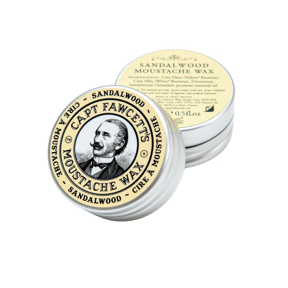 Captain Fawcett's Moustache Wax- Sandalwood scent - easy to use, with premium natural ingredients, for taming and shaping unruly beards, 15ml ℮ 0.5fl oz, ideal for professional and personal use, Made in the U.K.