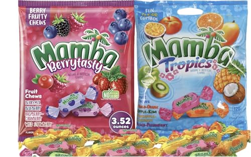 Berrytasty and Tropics Assorted Fun flavored Mamba Fruit Chews | Individually Wrapped Chewy Candies | Mango - Orange, Apple - Kiwi, Pineapple, Berry, Coconut, Peach - Passion Fruit | Soko Smiles Pocket Bag.