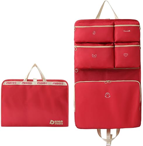 Foldable Hanging Travel Clothes Organiser Bag with Compartments & Handle - Red