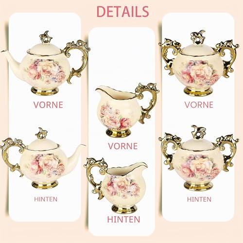 Foto von fanquare 15 Stück Rose Blumen Englische Keramik Tee Sets, Vintage China Kaffee Set, Tee Service für Erwachsene