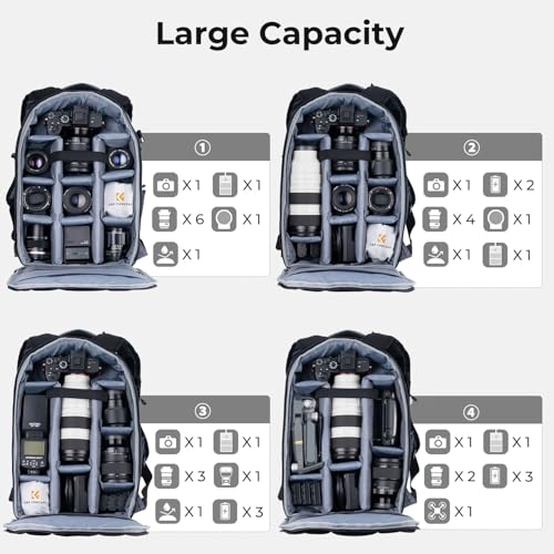 K&F Concept カメラリュック 一眼レフ カメラバッグ 防水 大容量 三脚 15インチpc収納可 レインカバー付 多機能 夜行安全保護 バックパック メーカー直営店