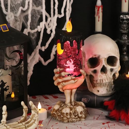 Image of Eldnacele Halloween Snow Globe Candles Lighted Lamp USB Powered Battery Operated Spooky Spinning Water Glittering Tornado Flameless Candles Skeleton Hand Holder Halloween Centerpiece Decor(Ghost)