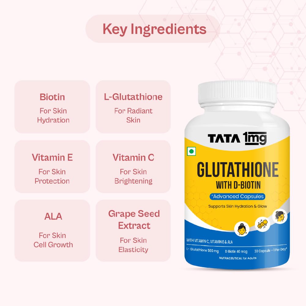 1MG Tata Glutathione Advanced Capsule with Vitamin C,E, Biotin & Grape Seed Extract,For Skin Glow,Hydration & Radiance, Pack of 30 Tablets 1
