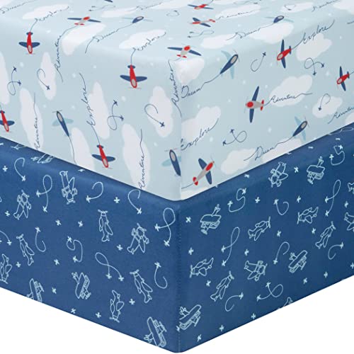 Image of Sammy & Lou Airplanes 2-Pack Microfiber Fitted Crib Sheet Set, Fits Standard Crib Mattress 28 in x 52 in; Fully Elasticized,