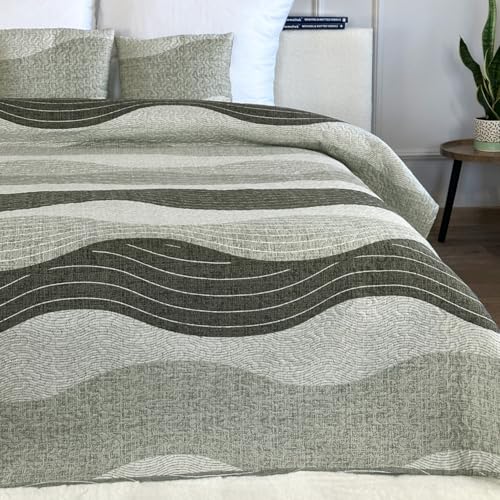 Euromat Tagesdecke Steppdecke Bettüberwurf Gesteppte Tagesdecke mit 2 Kissenbezüge 40x40 cm- (Schwarz Weiß Wellen- SY-7630, 220x240 cm)