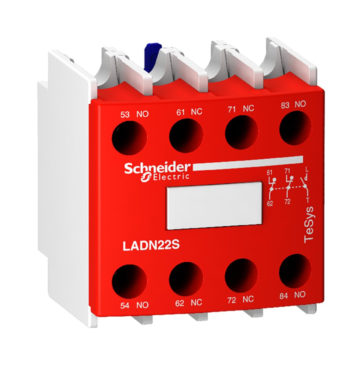 Schneider ElectricAuxiliary contact block, TeSys D, 2NO + 2NC, front mounting, screw terminals, red front face, LADN22S