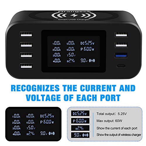 Orangeck Stazione di Ricarica con Caricatore Wireless, 8 Porte Base di Ricarica (Una QC 3.0 e Un Type-C) Caricatore USB con LED Schermo USB Charger per iPhone Samsung Huawei Smartphone e Tablet
