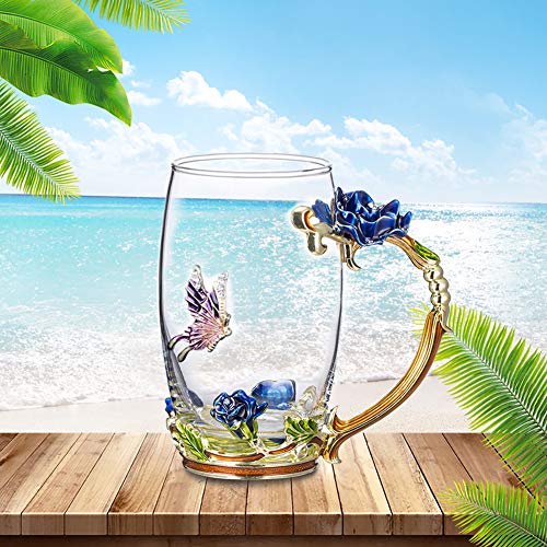Tea Cup Coffee Mug Cups, Glass Coffee Cups Tea Mugs 2018 Handmade Butterfly Rose,13 oz (Blue) Ideal for Friend Wedding Anniversary Birthday Presents