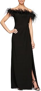 Women's Long Length Off The Shoulder Gown with Front Slit and Maribou Detail Neckline, Formal Party Dress - Buy now