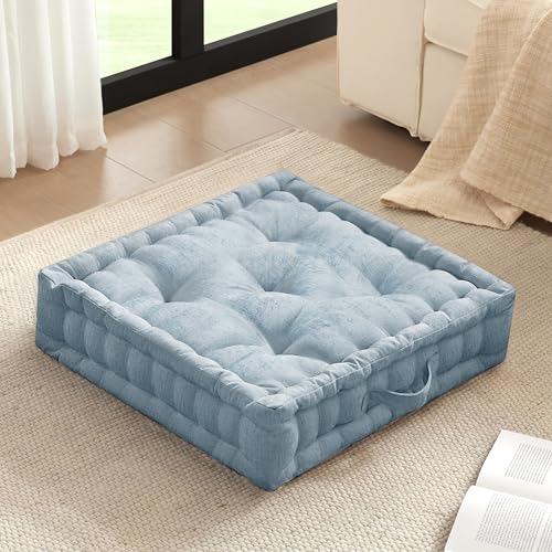 Intelligent Design Large Floor Pillow for Adults Yoga or Meditation Cushion with Handle, Floor Cushion for Board Games, Lustrous Chenille Tufted, Handsewn Scalloped Edge, Azza, 24" x 24" x 5" Aqua