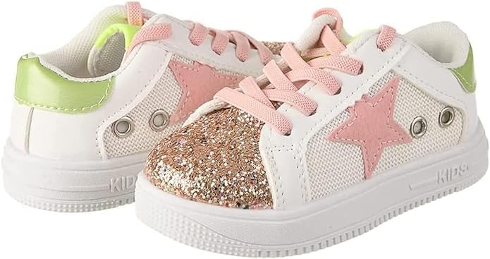 Baby Girls Shoes, Glitter Star Sneakers with Laces | Ages 2-5 y/o | Pink & Purple, Hot Pink, B&W3