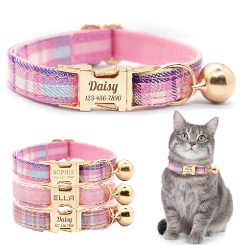 ECHO POUNCE Personalized Plaid Cat Collar with Bell - Non-Breakaway Custom Polyester Kitten Collar with Engraved Name & Phone Number (Pattern 03 S (6.5-10.5 Inches))