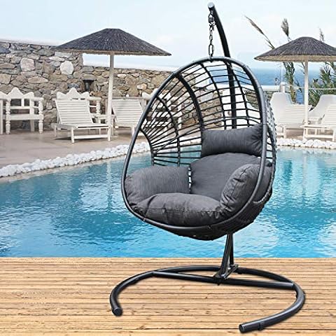 Swing Egg Chair with Stand & 420D Furniture Cover Indoor Outdoor Patio Wicker Hanging Chair Aluminum Frame Swing Chair Patio Egg Chair with UV Resistant Cushion & Pillow- 350 lbs Capacity (Black) Cover