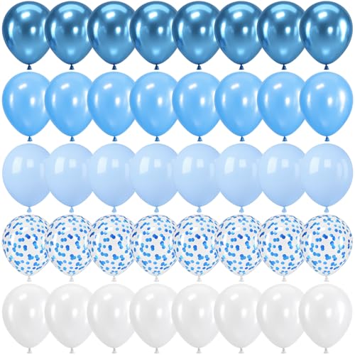 Image of Metallic Blue White Balloons, 60 Packs 12 Inch Royal Blue Baby Blue Confetti Balloons for Boy Baby Shower Birthday Graduation Wedding Bridal Shower Baptism Party Decoration