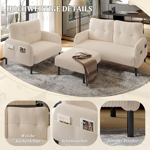 WEALTHOUSE Modulares Cord Sofa Set aus Zweisitzer,Sessel und Hocker mit ergonomischer Rückenlehne,Seitentasche und stabilem Metall‑Holz‑Gestell – für Wohnzimmer & kleine Apartments (Beige,3er-Set) – Bild 5