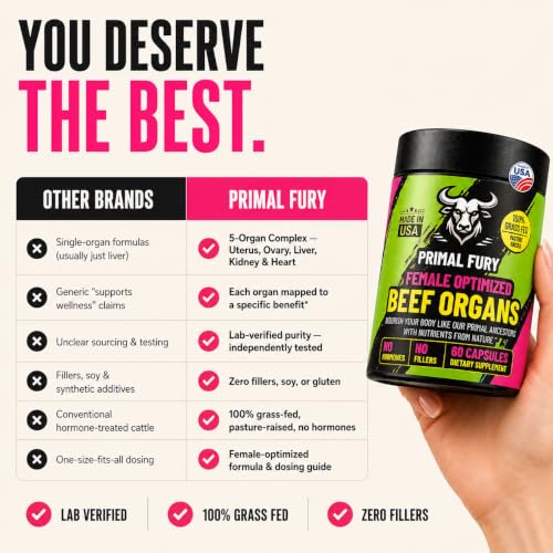 Image of PRIMAL FURY Grass Fed Beef Organ Supplement for Women - Female Optimization Pills to Boost Energy & Balance Hormones - Ancestral Support for Modern Life, Made in USA, 60 Capsules