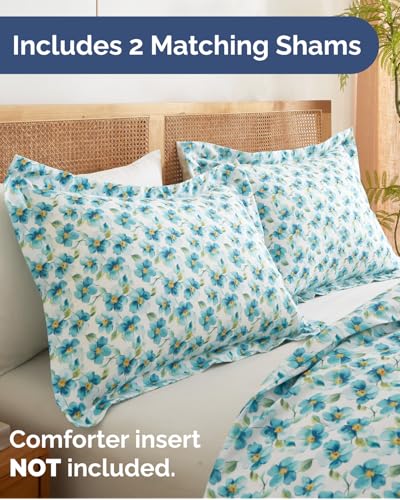 Image of Duvet Cover Cal King Size Set - Extra Soft Floral Duvet Cover 104 x 98 with 2 Pillow Shams - Comfy, Breathable Floral Bedding Set - Hotel Luxury & Fade Free with Zipper Closures & Ties - Blue Peony
