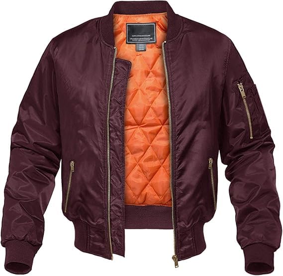KEFITEVD Men Autumn Vintage Bomber Jackets Warm Baseball Jackets Biker Windbreaker with 4 Pockets,Wine Red,XL