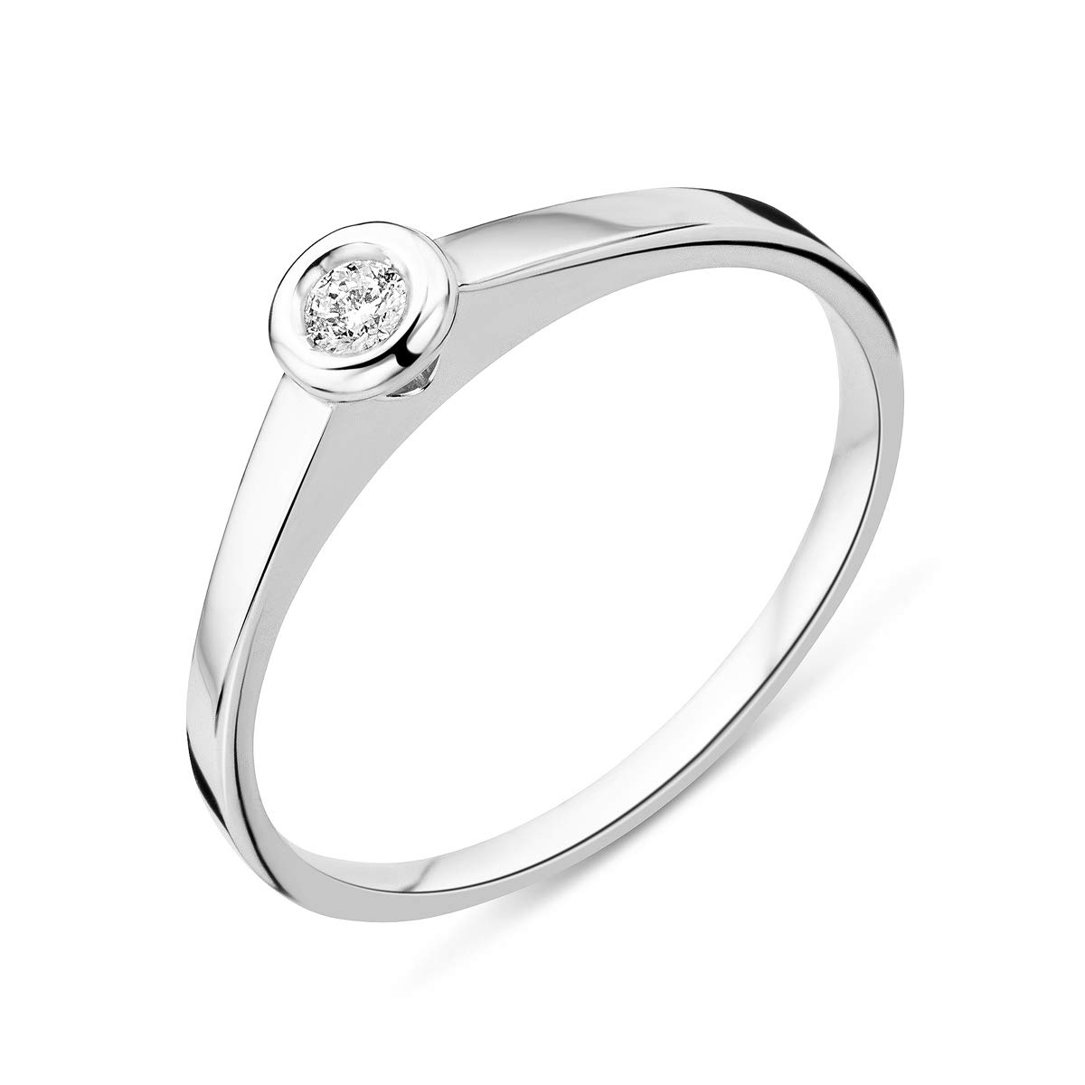 MIORE Anillo solitario para mujer con diamante de compromiso de oro blanco de 9 quilates/375 y diamante brillante de 0,05 quilates