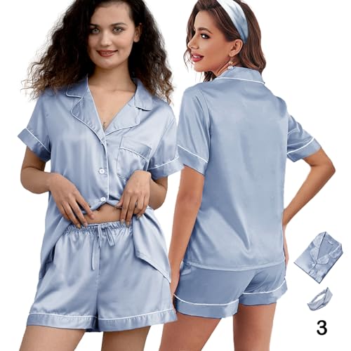 Image of 3Pcs Silk Pajamas XS-4XL Womens Satin Pajama Short Floral Sleepwear Bride Soft Pj Lounge Sets Pjs Shorts Set