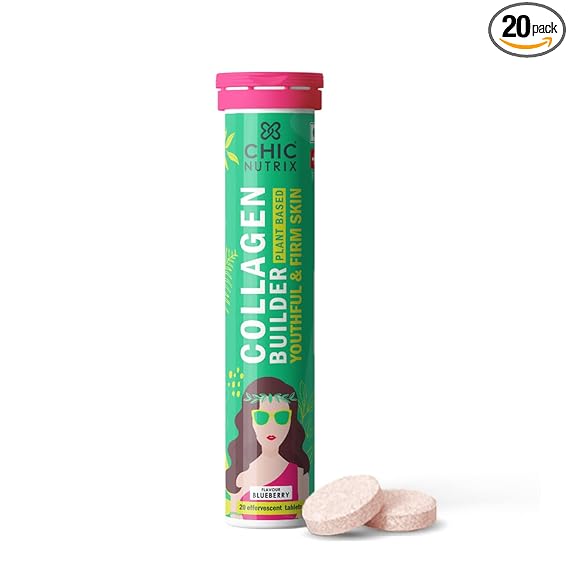 Chicnutrix Plant Based Collagen Builder, 20 Tablets|Vitamin C & E with Biotin|Bamboo & Acerola Extract|Skin Cell Renewal & Protection for Young-Looking Skin | Blueberry Flavoured Effervescent Tablets