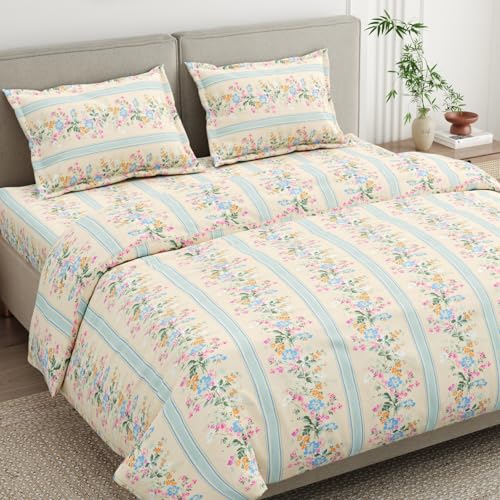 Image of Haus & Kinder Bedsheets for King Size Bed |100% Combed Cotton 186 TC Fitted Bedsheet King Size | 72 X 78 X 10 Inches Elastic Bed Sheet with 2 Pillow Covers - Serenade of Flowers