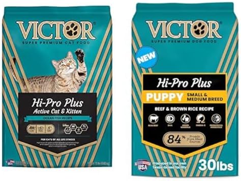VICTOR Super Premium Cat & Dog Food – Hi-Pro Plus Active Adult Cat and Kitten, 15lbs – Hi-Pro Small & Medium Breed Puppy, 30lb