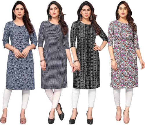 Image of JAKHANA Women's Crepe Printed Casual Straight Calf Length Round Nick Kurta Pack of 4