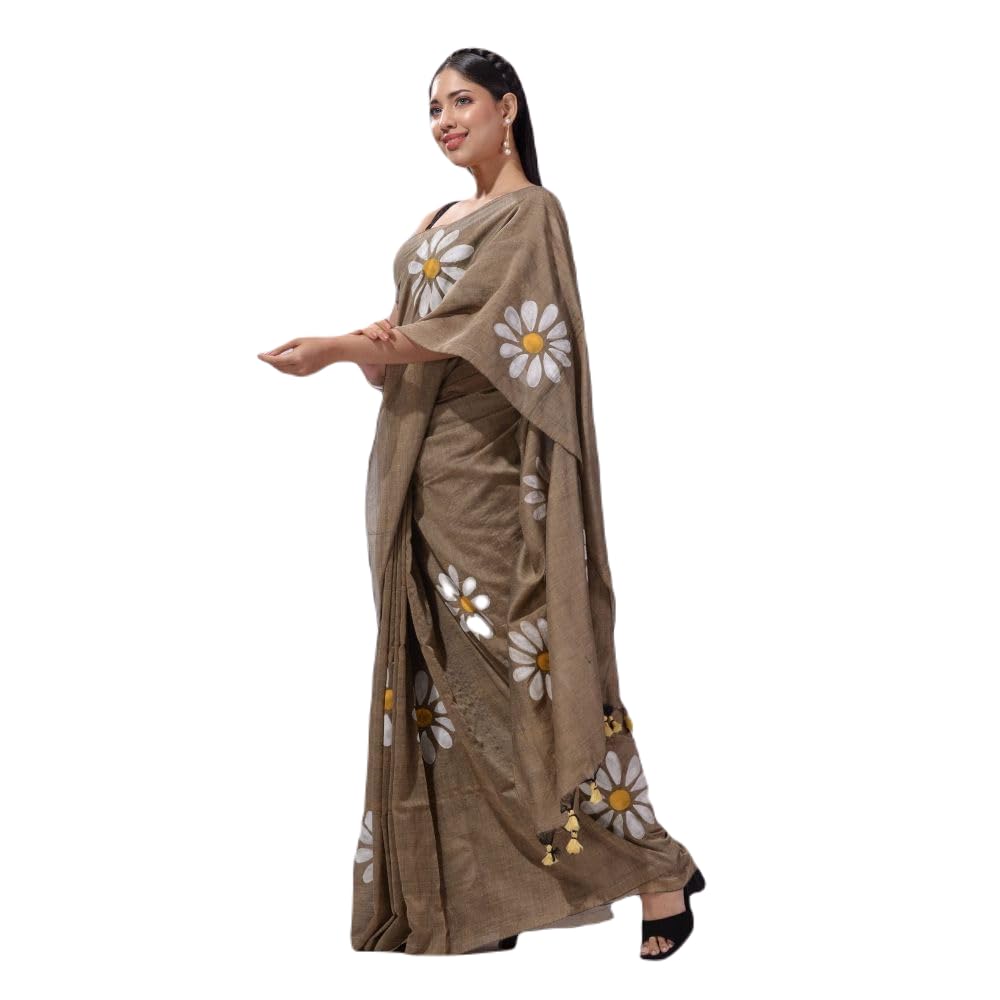Saree House Women's Regular Fit Cotton Handloom Print Saree (Beige) (6.2Mtr) (SH-Kh00105)-picture-46