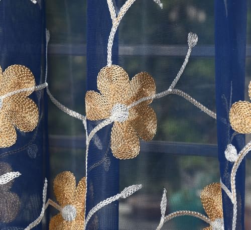 Image of Homefab India Embroidery Floral Net Transparent Sheer Curtain - 5X4 Feet, Window Curtains, Navy Blue, Pack of 1 Pc