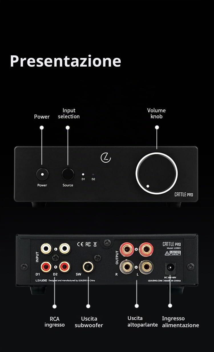 LEAUDIO Cattle PRO Amplificatore di Potenza Classe D Ad Alte Prestazioni Due Ingressi RCA Subwoofer 2.1 TPA3255