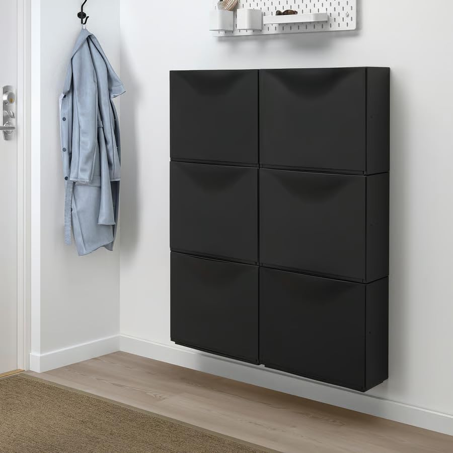 Wall-Mounted Shoe Storage Cabinet with 2 Compartments, Space Saving Design, Entryway Organizer, Black, 20.5x7.1x15.4 Inches