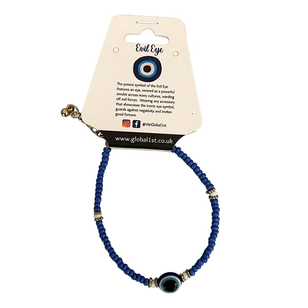 VIE Evil Eye Bracelet, White Beads (Mid Blue)