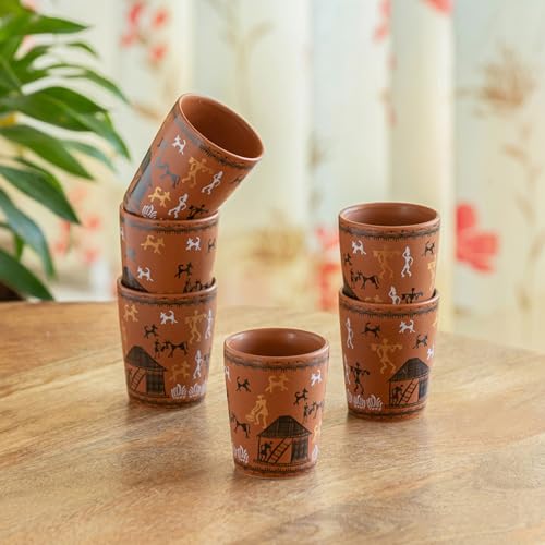Image of ExclusiveLane 'Warli Village Tales' Handcrafted Ceramic Cutting Chai Glasses Set of 6 Tea Glasses Tea Cups Coffee Mug (100 ML, Microwave Safe)