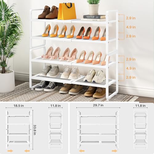 Image of SNTD Shoe Rack - Expandable Shoe Organizer for Closet, Adjustable Metal Shoe Shelf Storage, Stackable Long Shoe Stand Holder for Garage, Entryway, Door Entrance (White, 4-Tier)