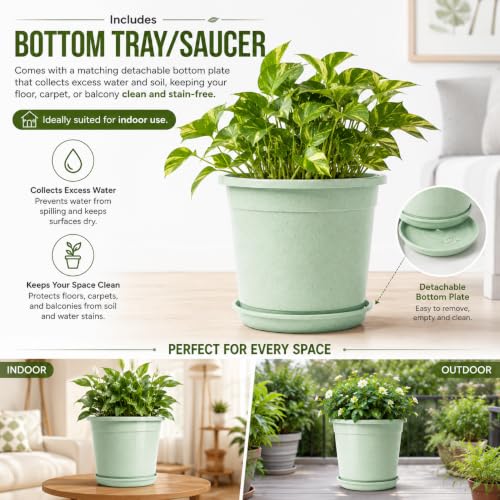 Image of 12 Inch Glossy Plastic Planter with Bottom Plate | Heavy Duty Flower Pot with Tray for Indoor Home Decor, Balcony, Living Room & Outdoor Garden (10 Pot, Mint Sparkle)