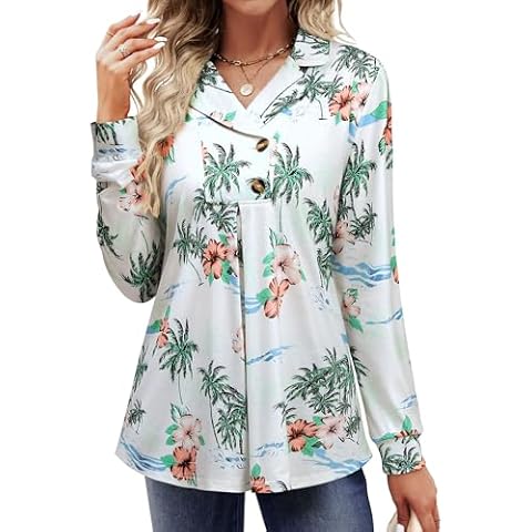 ZXZY Hawaiian Shirt Womens Notch Collar Button Tropical Floral Long Sleeve Tunic Tops White Cover