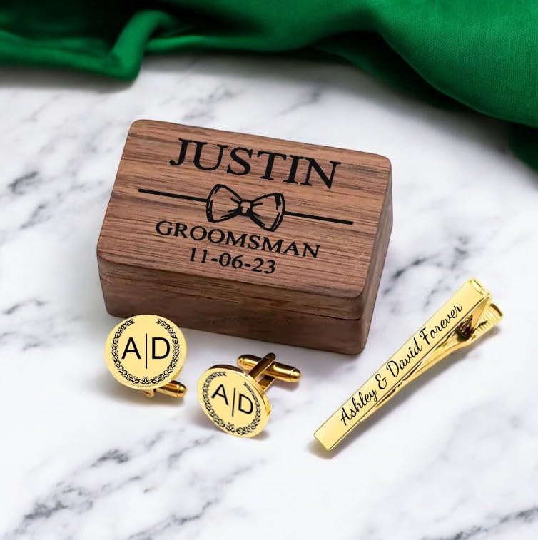 Personalized Cuff Links - Groomsmen CuffLinks - Wedding Gifts - Custom Cufflinks for Him - Round Cufflinks - Anniversary Gift - Wedding Cufflinks & Tie Clip Set3