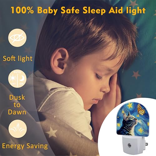 Image of Cat and Butterfly Night Light for Kids, Starry Night Oil Painting Plug in Night Light with Dusk to Dawn Sensor, 0.5w Energy Saving Nightlight for Hallway Stairway Kitchen Bedroom