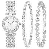 NEWITIN 3 Pieces Women Diamond Watch Bracelets Set Luxury Fashion Jewelry Cubic Zirconia Wristwatch Bracelet Silver Watch Jewelry Set for Women