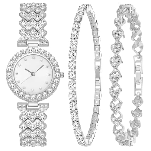 NEWITIN 3 Pieces Women Diamond Watch Bracelets Set Luxury Fashion Jewelry Cubic Zirconia Wristwatch Bracelet Silver Watch Jewelry Set for Women