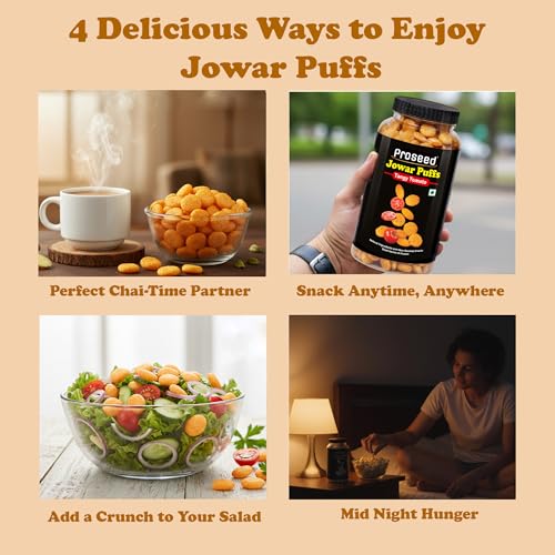 Image of Proseed Jowar Puffs (Tangy Tomato) | 150g x 3 Packs (Total 450g) | Slow Roasted & 100% Veg | No Refined Flour, Sugar & Trans-Fat | Gluten Free | No Palm Oil | Healthy Travel Friendly Millet Snacks