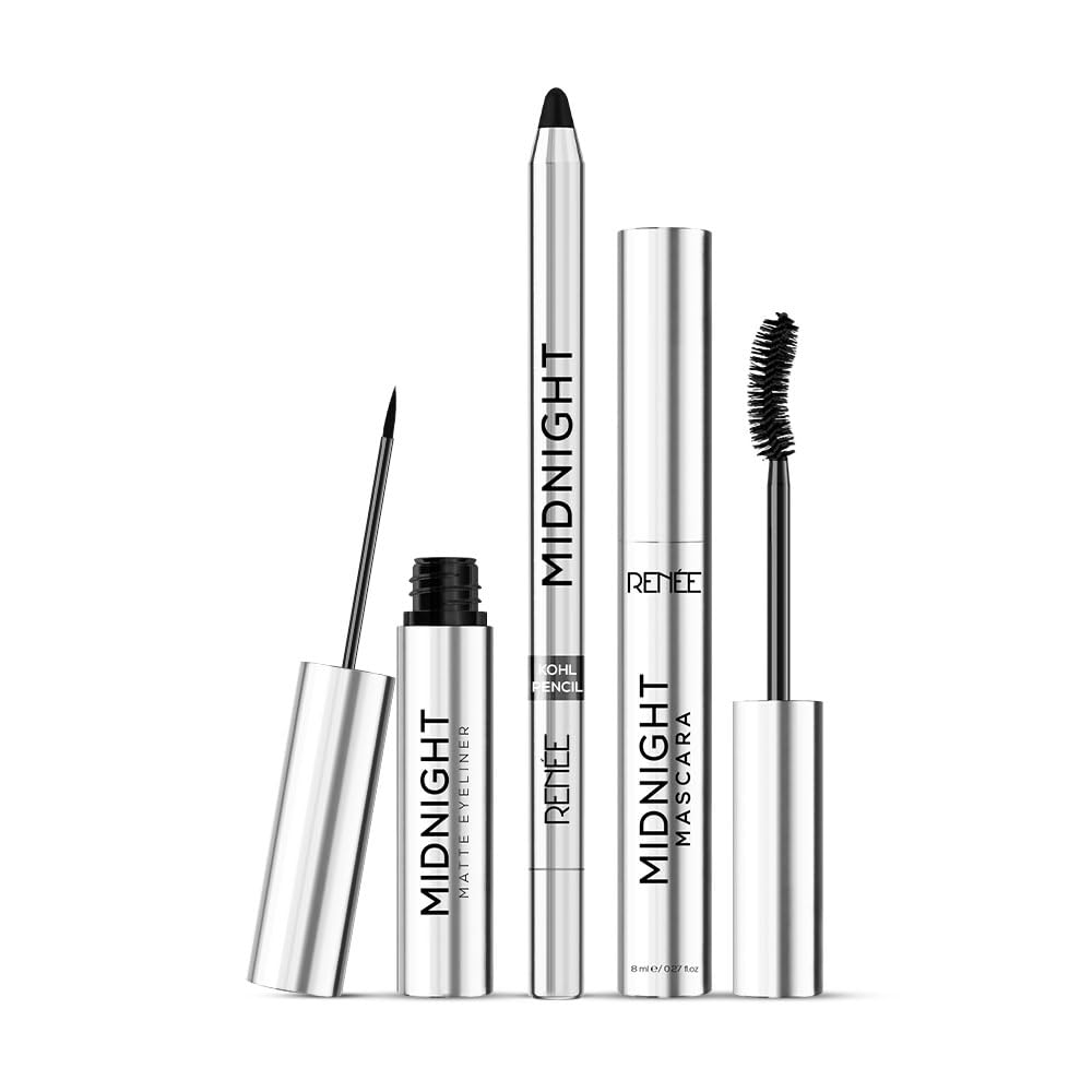 RENEE Midnight Combo | Kajal + Eyeliner + Mascara | Long Lasting | Smudge-Proof | Easy to Use Makeup Kit Set | Highly Pigment | Darkest Black | Vitamin E Infused | Travel-Friendly | Ideal for Gifting | Wedding