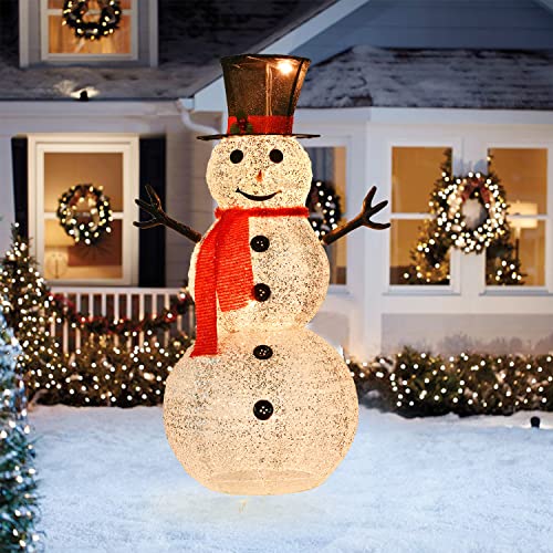 DearHouse 4Ft Collapsible Lighted Christmas Snowman with Removable Hands&Scarf,Pre-Lit LED Light Up Snowman with Top Hat,for Holiday Xmas Decorations,Silver