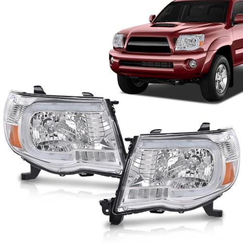 Image of GRAND ORANGE LED DRL Tube Halo Headlights Fit 2005-2011 Toyota Tacoma | Tube projector Headlamps, Left & Right,Clear Lens Chrome Housing Amber Reflector,8115004163, 8111004163, 8115004173