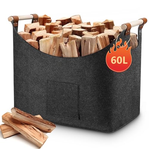 yuejuhe XL Cesta de Fieltro para Leña de Chimenea, 60L Bolsa de Leña de Fieltro Extra Grueso, Plegable Cesto para Leña Interior para Almacenamiento y Transporte Leña (Gris Oscuro)